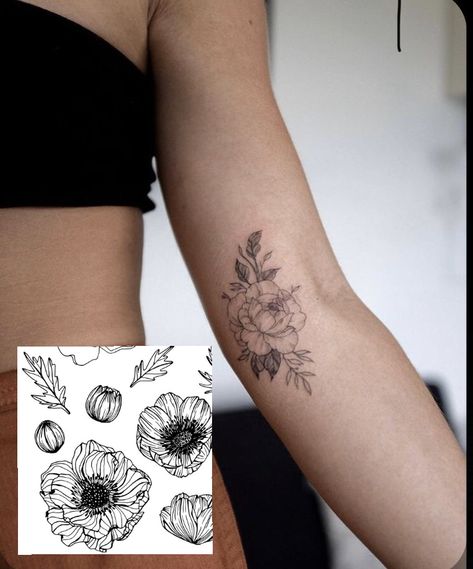 Dainty Inner Elbow Tattoo, Back Of Elbow Flower Tattoo, Floral Elbow Tattoos For Women, Peonies Tattoo Elbow, Flower Tattoo Above Elbow, Tattoo Inner Elbow, Tattoos Above Elbow, Elbow Flower Tattoos, Elbow Ditch Flower Tattoo