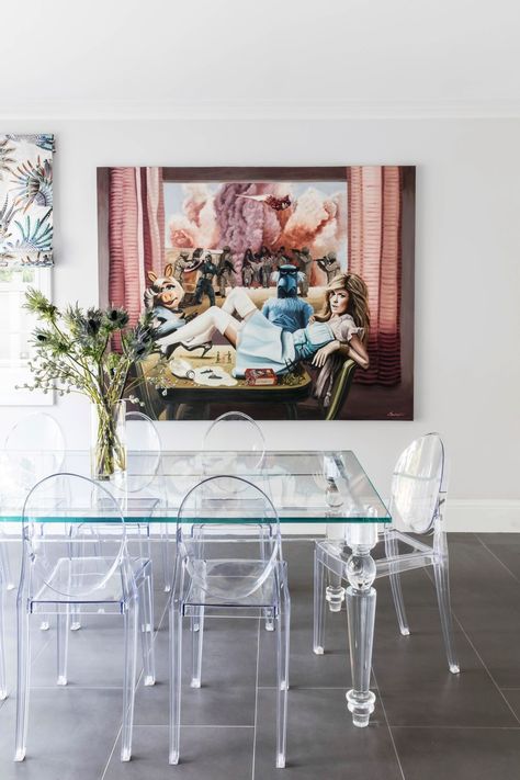 In more than 20 dining areas, these Dering Hall designers creatively paired acrylic/lucite chairs with unique accessories and a range of materials, including marble, wood, and metal, to deliver standout designs. #acrylicfurniture #acrylicdesign #diningroom #moderndiningroom Acrylic Dining Chairs, Lucite Chairs, Acrylic Chair, Chic Chair, Acrylic Furniture, A&b Home, Marble Wood, Contemporary Dining Room, Unique Accessories