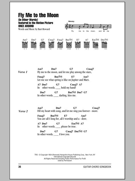 Fly Me To The Moon (In Other Words) by Frank Sinatra - Guitar Chords/Lyrics - Guitar Instructor Fly Me To The Moon Guitar Chords, Guitar Cords And Lyrics, Lyrics And Chords Guitar, Acoustic Guitar Songs With Chords, Mary Alex G Guitar Chords, Guitar Songs With Chords, Acoustic Guitar Tattoo, Song Chords, Acoustic Guitar Chords