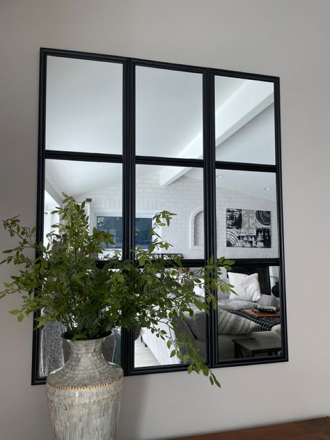 DIY home decor- black frame mirror - industrial mirror Cheap Black Mirror, Black Grid Mirrors, Office Mirror Wall Interior Design, Panel Mirror Entryway, Black Mirror Dining Room, Diy Black Mirror Wall, Black Frame Mirror Living Rooms, Diy Black Mirror Frame, Square Mirrors On Wall