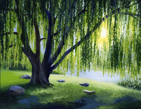 Weeping Willow Willow Tree Art, Tree Artwork, Weeping Willow, Night Painting, Willow Tree, 판타지 아트, Nature Paintings, Pics Art, Tree Art