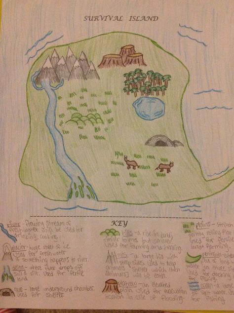 There's this project we had to do in school for social studies and it's about being stranded on an island and you had to choose ten landforms that would help you survive. I thought mine as pretty good so I wanted to share it. ☺️ Island Project School, Landform Projects, Stranded On An Island, Elementary School Projects, Island Survival, Travel Journal Scrapbook, Kid Projects, Seventh Grade, Journal Scrapbook