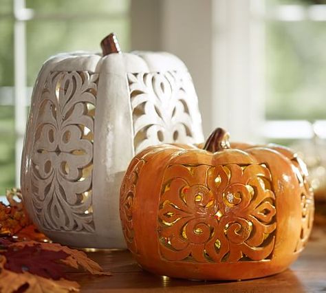 Filigree Punched Ceramic Pumpkins | Pottery Barn Pumpkin Pottery, Ceramic Pumpkins, Carved Pumpkins, Garden Lanterns, Glass Pumpkins, Decorative Pottery, Pumpkin Design, Pumpkin Decorating, Clay Pottery