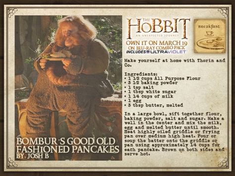 Bombur's pancake recipe. Elvish Recipes, Hobbit Food Recipes, Hobbit Recipes, Hobbit Feast, Fandom Recipes, Old Fashioned Pancakes, Hobbit Style, Hobbit Life, Movie Recipes