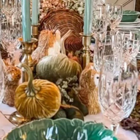 Rachel R. Simon on Instagram: "“Gathered around the table, stories are told, memories are created and love is abundantly grown.” ~ The Heaping Harvest 🍁🍂 Happy #tablescapetuesday everyone! I’m loving this variation of last week’s table. The cream candles have been replaced with green, the napkins moved to the side of the plate stack, and velvet pumpkins added to the centerpiece. With a few simple changes, this tablescape can easily take you through Thanksgiving too! However, knowing me I’ll ge Velvet Pumpkin Tablescape, Pumpkin Tablescape, Cream Candles, Table Dressing, Fall Tablescapes, Velvet Pumpkins, Fall Holidays, The Cream, The Table