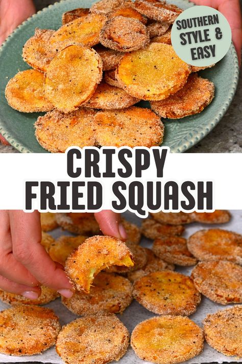 A collage of two images: the top shows a green plate filled with crispy fried squash slices, and the bottom shows a hand holding a bite-sized piece of fried squash above a baking sheet lined with more slices. Crispy Fried Squash, Fried Zucchini And Yellow Squash Recipes, Oven Fried Squash Recipes, Fried Yellow Squash Recipes, Fried Squash And Zucchini, Fried Summer Squash, Oven Fried Squash, Southern Fried Squash, Fried Squash Recipes