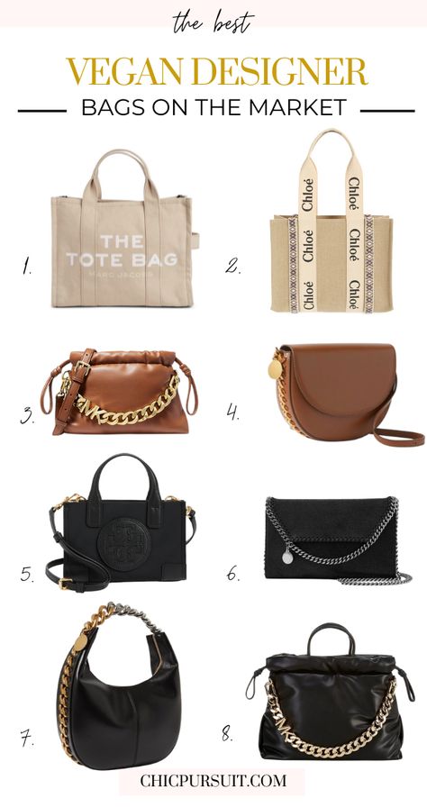 These are the best vegan designer bags currently on the market! If you've been wondering what the best luxury vegan bags are, these are the ones. We've featured amazing vegan crossbody bags, the best vegan camera bags, the best vegan tote bags, vegan shoulder bags and more! There are luxury bags for every type of woman in here. Vegan Handbags Luxury, Vegan Bags Handbags, Vegan Designer Bags, Vegan Luxury Bags, Vegan Purses And Handbags, Vegan Purse, Falabella Bag, Vegan Design, Brand Name Bags