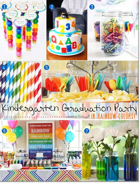 Fun Ideas for a Kindergarten Graduation Party in Rainbow Colors. Features a colorful inspiration board of decor, favors, party supplies, cake, and more on the Party Suite at Bellenza. #kindergartengraduation Colorful Decorations Party, Kindergarten Graduation Party Ideas, Vpk Graduation, Kindergarden Graduation, Preschool Graduation Party, Kindergarten Graduation Party, Kindergarten Party, Pre K Graduation, Graduation Party Themes