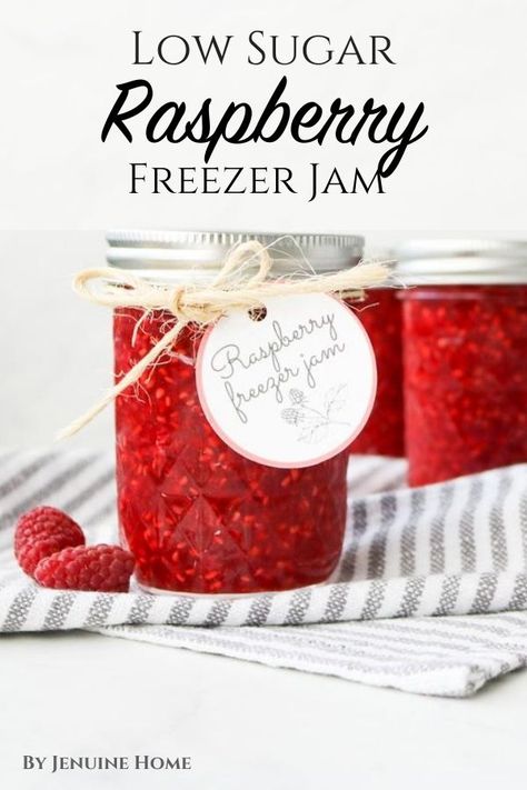 Easy No-Cook Raspberry Freezer Jam - Jenuine Home Raspberry Freezer Jam Recipe Low Sugar, Pickled Berries, Sugar Free Freezer Jam, Raspberry Freezer Jam Recipe, Jam Uses, Freezer Jams, Low Sugar Jam Recipes, Raspberry Freezer Jam, Low Sugar Jam