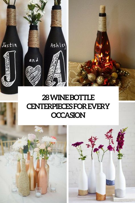 137 The Coolest Party Decorating Ideas of 2016 - Shelterness Chalkboard Wine Bottles, Yarn Bottles, Wine Bottle Wedding Centerpieces, Glitter Wine Bottles, Glitter Centerpieces, Wine Wrap, Wine Bottle Centerpieces, Wrapped Wine Bottles, Bridal Shower Wine