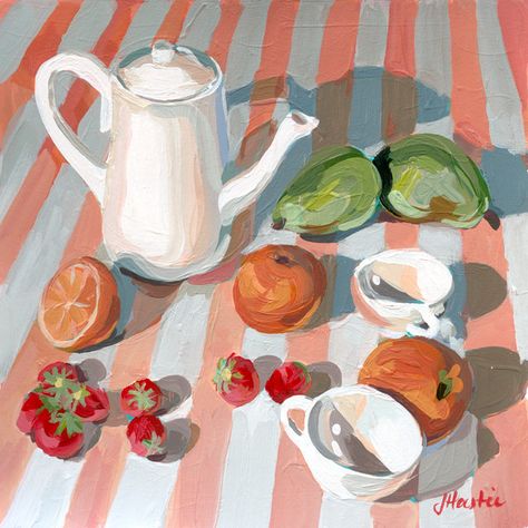 Still Life of teapot, strawberries, pears and oranges Painting Strawberries, Strawberry Picnic, Artfully Walls, Watercolor Fruit, Artist Wall, Art Painting Gallery, Fruit Painting, Gallery Wall Decor, Colorful Landscape