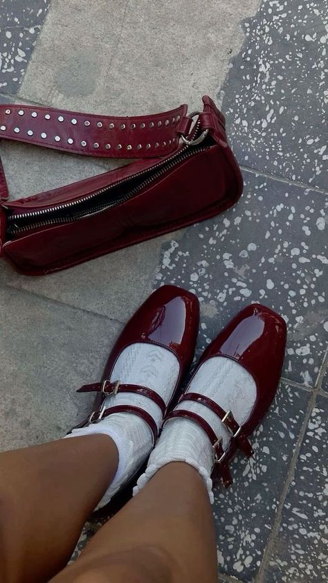 Maroon Shoes Outfit Women, Maroon Mary Janes, Red Mary Jane Shoes Outfit Ideas, Cherry Red Mary Janes, Wine Shoes Outfit, Wine Red Shoes, Burgundy Mary Janes, Cherry Red Shoes Outfit, Cherry Red Shoes