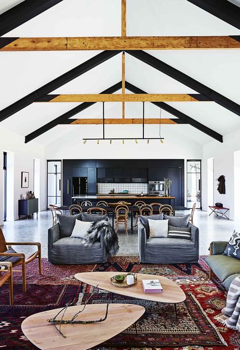 Exposed Beams Ceiling, Beam Ceiling, Pitched Ceiling, Painted Brick Walls, Popular Living Room, Timber Ceiling, Timber Beams, Timber Cladding, White Ceiling