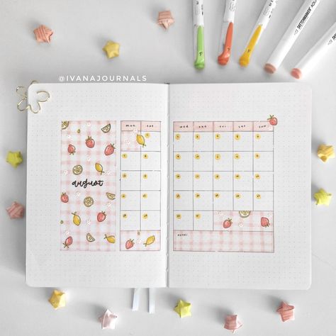 Bujo Calendar Ideas, Dairy Idea, Calendar Bujo, August Bujo, Bujo 2023, August Themes, Journal Things, Bullet Art, Journal 2024