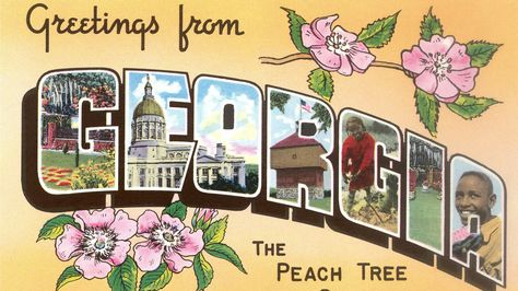 The Un-Pretty History Of Georgia's Iconic Peach : The Salt : NPR Georgia Postcard, Printable Postcards, Peach Tree, Peach Trees, Vintage Souvenir, Large Letters, Fridge Magnet, Vintage Postcard, Wedding Saving