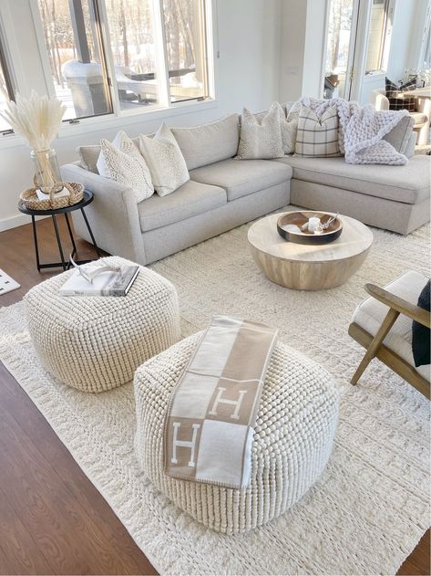 Pouf Ottoman Living Room, Sweater Rug, Living Room Pouf, Farmhouse Style Living Room, Bedroom Setup, Beautiful Farm, Neutral Living Room, Living Room Design Decor, Ottoman In Living Room