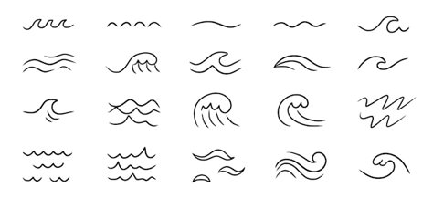 Wave sea line doodle icon set hand drawn... | Premium Vector #Freepik #vector #ocean-icon #wave-icon #water-doodle #water-wave Wave Doodle Art, Sea Doodles Waves, Waves Easy Drawing, Simple Water Drawing, Wave Simple Drawing, Easy Wave Drawing Simple, Waves Line Drawing, Wave Doodle Simple, Waves Illustration Simple