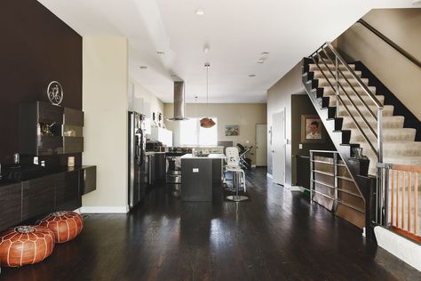 Dark and moody open floor plan gets an upgrade! | via Yellow Brick Home #openfloorplan Moody Open Floor Plan, Moody Open Concept, Yellow Brick Home, Open Concept Floor Plans, Entryway Lighting, Dark And Moody, Brick Home, Brown Walls, Shades Of Beige