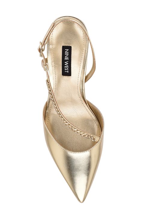 Glimmering chain links add a street-chic finish to a gilded slingback pump. 3.35" heel Adjustable slingback strap with buckle closure Polyurethane upper, synthetic sole Imported Gold Sling Back Heels, Gold Slingback Heels, Gold Bridal Shoes, Gold Pumps, Glitter Heels, Shoe Ideas, Slingback Shoes, Chain Links, Slingback Heel