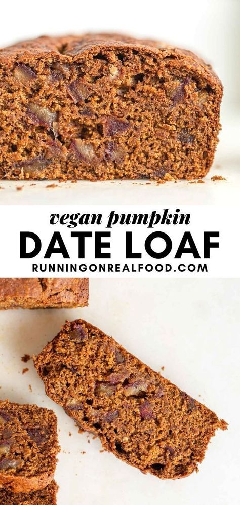 This vegan pumpkin date bread is the perfect cozy treat. With dates studded throughout the pumpkin batter, it tastes like a caramel pumpkin pie. Low in fat. Date Loaf, Date Bread, Vegan Pumpkin Recipes, Healthy Vegan Breakfast, Vegan Thanksgiving Recipes, Baking Basics, Spelt Flour, Pumpkin Caramel, Vegan Thanksgiving