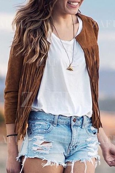 Three Quarter Sleeve Tassels Coat: Jackets & Coats | ZAFUL Fringe Blazer, Jacket Coat Fashion, Suede Fringe Jacket, Boho Fringe, Suede Coat, Fringe Jacket, Color Coffee, Fit Style, Waist Length