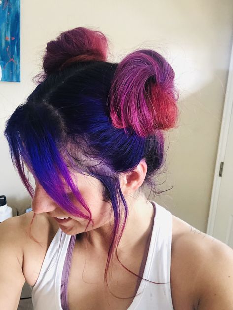 Galaxy Buns Hair, Shoulder Length Space Buns, Space Bun Hairstyle, Space Bun Hairstyles, Emo Night, Space Bun, Vibe Board, High Bun Hair, Space Hair