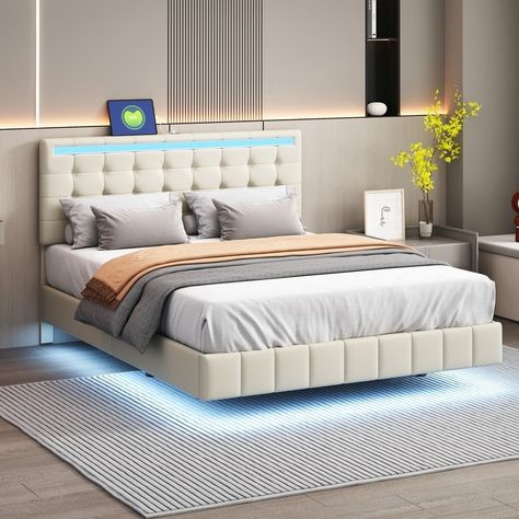 Bed Frame With Led Lights, Floating Platform Bed, Leather Platform Bed, Bed Classic, Floating Bed Frame, Led Beds, Bed With Led Lights, Led Bed Frame, Hidden Bed