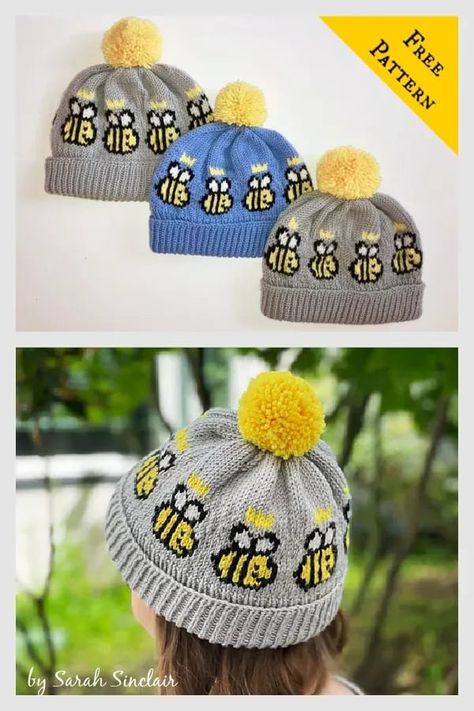 NYT Spelling Bee Hat Free Knitting Pattern Bee Knitting Pattern Free, Knitting Bee Free Patterns, Bee Crochet Hat, Hat Knitting Patterns Free, Bumble Bee Knitting Chart, Bee Hat Knitting Pattern, Bee Knitting, Knitting Kids, Hat Free Knitting Pattern