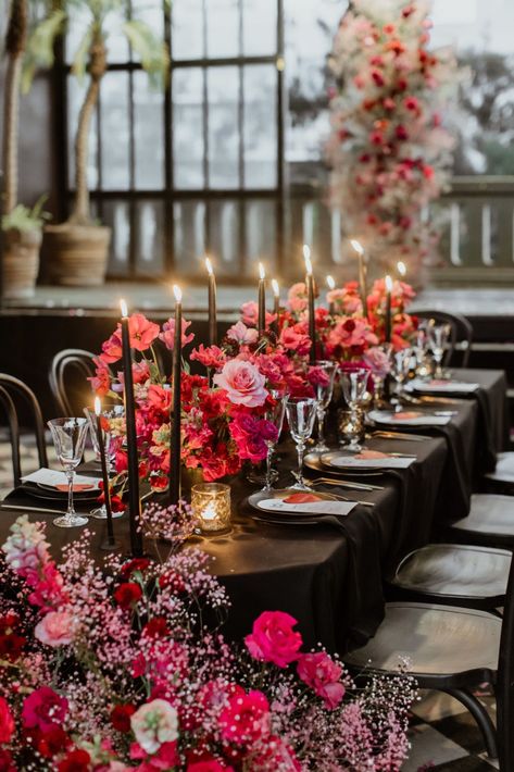 Valentines Wedding Colors, Red Pink Gold Black Wedding, Dark Magenta Wedding Theme, Pink And Red Centerpieces Wedding, Pink Red Black Wedding Theme, Pink And Red Wedding Theme Receptions, Valentines Wedding Dress, Black Red Pink Wedding, Valentines Day Event Ideas