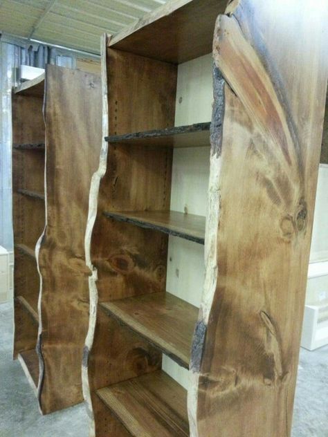 Live Edge Bookshelf Built Ins, Raw Edge Bookshelf, Rustic Bookshelves Diy, Rustic Built In Bookshelves, Live Edge Bookcase, Live Edge Trim, Live Edge Bookshelf, Wood Bookshelf Wall, Diy Bookcases