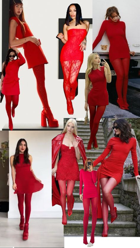 Red Group Outfit, Red Dress Red Stockings Outfit, Valentine Day Dinner Outfit, Red Dress Red Tights, Red Valentines Outfit, Red Stockings Outfit, Red Birthday Outfit, Galentine's Outfits, Valentines Dinner Outfit