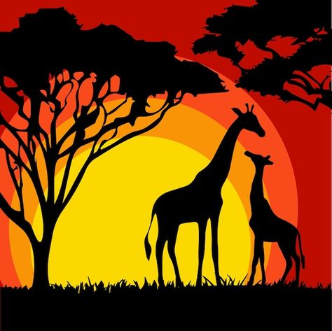 Savannah Tree Drawing, Paintings Of Giraffes, African Tree Painting, Africa Silhouette Art, Savannah Landscape Art, Savana Landscape, African Silhouette Art, African Tree Silhouette, African Landscape Painting