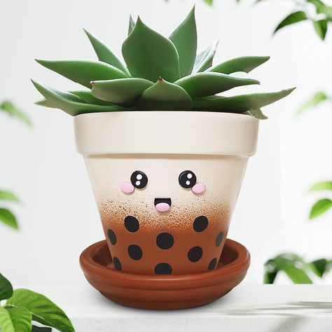 PRICES MAY VARY. House Your Plants In Style - Make your plants stand out by housing them in these cute pots for plants. Our flower pots feature an adorable Boba face on the front to make your houseplants even more charming. Watch Your Greenery Flourish - Give your succulent plants just the right amount of hydration daily. Our cute flower pots feature a drainage hole on their bottom, allowing excess water to flow out. Less Mess To Clean Up - Don't worry about these cute planters for indoor plants Cute Planters, Clay Plant Pots, Clay Planter, Plant Pot Design, Diy Pottery Painting, Office House, Flower Pot Art, Tea Plant, Flower Pot Design