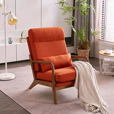 MID-CENTURY CHARMING - Designed with curved arms and flared legs, this accent chair with extra pillow is full of mid-century style charming. The burnt orange color of fabric with natural wood color of frame is a nice combination, which is suitable for any style of your home decorations. Retro Armchair, Fabric Accent Chair, Modern Accent Chair, Mid Century Modern Chair, Leisure Chair, Mid Century Chair, Fabric Armchairs, Single Sofa, Upholstered Arm Chair