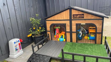 Ride On Toy Storage, Backyard Toy Storage, Playhouse Garage, Playhouse Village, Kids Car Garage, Kids Shed, Diy Outdoor Toys, Outside Sheds, Outdoor Toy Storage