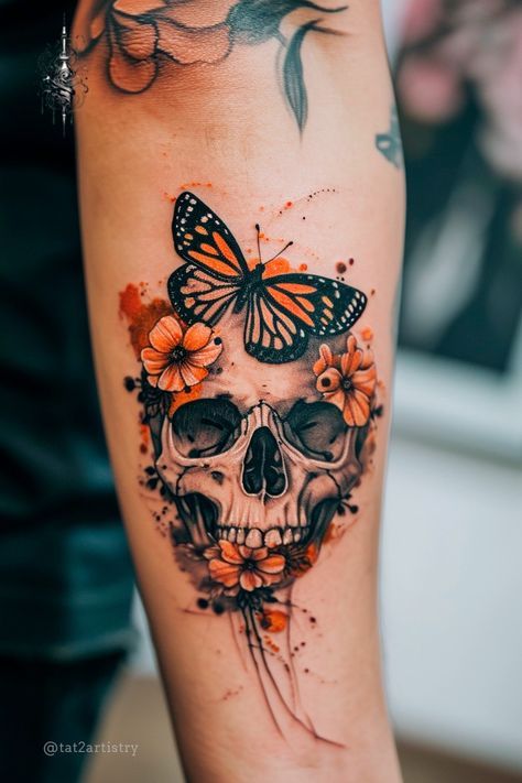 Jeweled Skull Tattoo, Skull With Flowers And Butterflies, Dark Womens Tattoos, Skull Halloween Tattoo, Gothic Tattoo For Women, Dark Bold Tattoos, Tattoo Ideas Skull Women, Pretty Skull Tattoos For Women Beautiful, Women’s Skull Tattoo