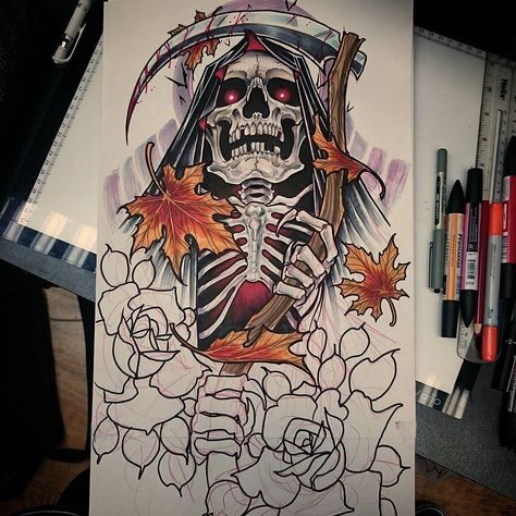 Sleeve Sketch, Grim Reaper Tattoo, Skull Sketch, Reaper Tattoo, Grim Reaper Art, Roses Art, Tattoo Rose, Trendy Tattoo, Rose Tattoo Design