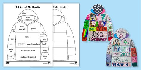 Our Printable Worksheet All About Me Hoodie Template is a great back-to-school activity that kids will love! Students will design a cool hoodie showing all of their favorite activities that helps their classmates to get to know them better. Display these hoodies and do a gallery walk! The resource includes a template with guidelines for decorating the hoodie and a second blank hoodie for students to decorate.Our Printable Worksheet All About Me Hoodie Template is an engaging way to help your thi All About Me Hoodie, How To Make Doodle, Hoodie Template, Color Art Lessons, October Lessons, Name Coloring Pages, Math Apps, All About Me Activities, High School Activities