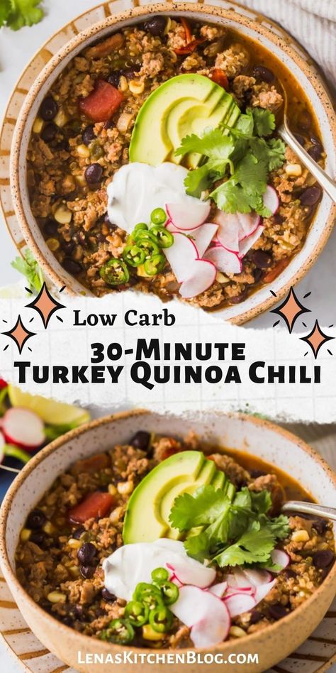 You’re going to love this hearty and Healthy 30-Minute Turkey Quinoa Chili. Filled with ground turkey, quinoa, bacon, beans, and roasted poblano peppers, this comforting one-pot meal is perfect for weeknight dinners and meal prep! Ground Turkey Quinoa Recipes, Ground Turkey And Quinoa, Bacon Beans, Gluten Free Bowl, Turkey Quinoa, Quinoa Chili, Roasted Poblano Peppers, Roasted Poblano, Poblano Peppers