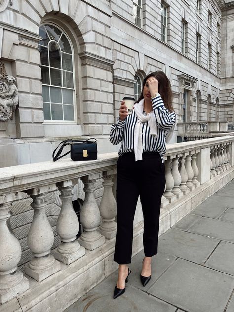 Striped Silk Shirt Outfit, Silk Striped Shirt, Silk Shirt Outfit, Chic Office Outfit, Cream Heels, Navy Striped Shirt, Cashmere Jumper, Chic Office, Stripe Silk