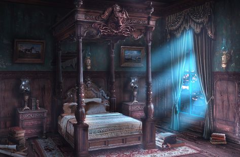 ArtStation - Victorian Bedroom Concept, Aaron Sims Creative Manor Bedroom, Bedroom Concept, Fantasy Bedroom, Anime Places, Victorian Bedroom, Rpg Map, Fantasy Setting, Fantasy Places, Bedroom Aesthetic