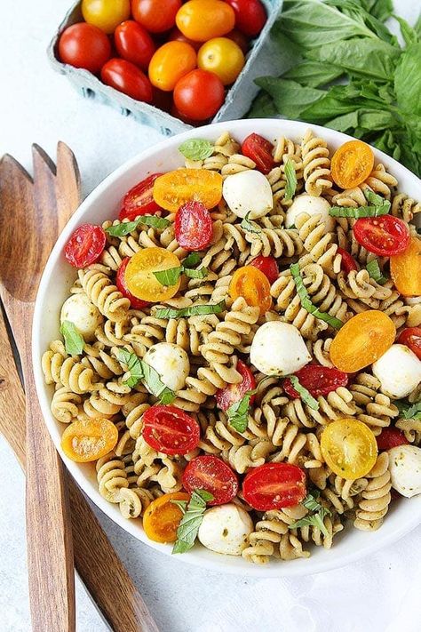 You only need 5 ingredients to make this easy Pesto Pasta Salad! It is the perfect pasta salad for summertime! #pesto #pasta #pastasalad #salad #vegetarian #basil #tomatoes #summer #easyrecipe Meeting Snacks, Pasta Basil, Easy Pesto Pasta, Salad Vegetarian, Tomatoes Mozzarella, Pesto Pasta Salad, Pasta Salad Recipe, Easy Pasta Salad, Perfect Pasta