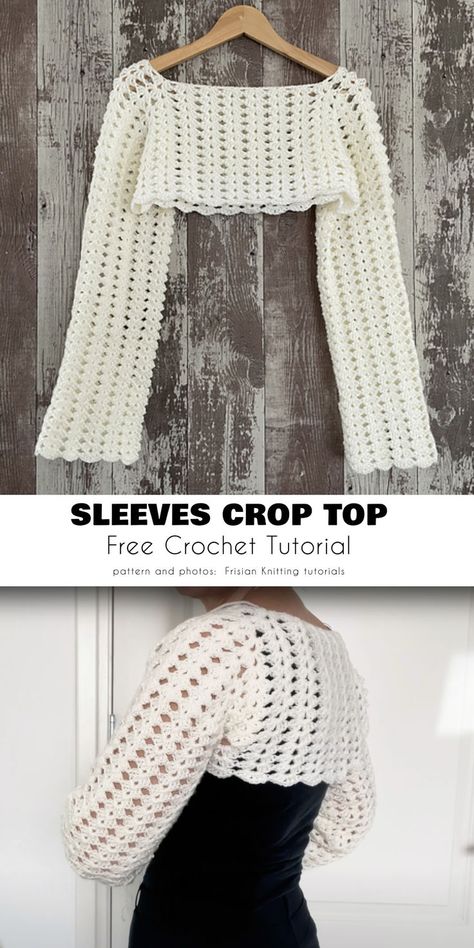 This V-stitch shrug top is a great accessory for a more elegant get-up. It would pair really well with anything, especially a dress. Crochet Shrug Pattern Free, White Crochet Crop Top, Crochet Tee, Crochet Tutorial Pattern, Shrug Pattern, Crochet Shrug Pattern, Crop Top Pattern, Crochet Crop Top Pattern, Crochet Ladies Tops