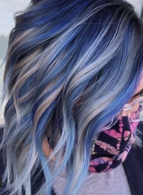 Gray Hair Blue Highlights, Dark Blue Hair With White Highlights, Blue And Silver Hair Color, Silver Blue Hair Ombre, Blue And Green Hair Short, Blond With Blue Highlights, Silver Hair With Blue Highlights, Blonde And Blue Hair Ombre, Gray And Blue Hair