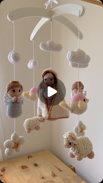 Crochet Amigurumi Nativity Free Pattern, Crochet Virgin Mary Free Pattern, Crochet Manger Nativity Sets, Crochet Virgin Mary, Crochet Sheep Mobile, Crochet Angel, Crib Mobile, Holy Family, Cribs