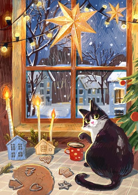 Cat Christmas Illustration, Christmas Cat Illustration, 동화 삽화, Winter Illustration, Cute Christmas Wallpaper, Christmas Card Art, 카드 디자인, Hur Man Målar, Christmas Drawing