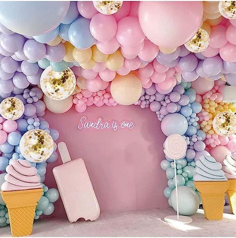 117 PCS Balloons Set Garland Arched Rainbow Color Design Party Supplies Background Decorations Candy Baby Shower Theme, Spring Balloon Garland, Pastel Ice Cream, Mermaid Party Decorations, Pastel Party, Bride Shower, Balloon Chain, Gold Confetti Balloons, Yellow Balloons