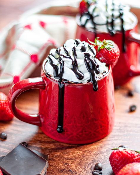 Chocolate Covered Strawberry Coffee - Our Love Language is Food Chocolate Covered Strawberry Latte, Valentines Coffee Drinks, Coffee Drinks Recipes, Almond Milk Brands, Dairy Free Whipped Topping, Different Coffee Drinks, Witch Recipes, Valentines Coffee, Strawberry Coffee