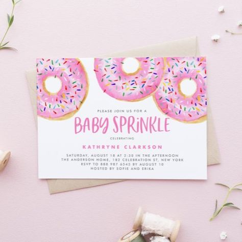 $2.65 | Watercolor Pink Sprinkle Donuts Baby Sprinkle | Baby Shower Invitations | baby sprinkle, donut baby sprinkle, watercolor, it's a girl, baby sprinkle invitation, watercolor donut, donut baby sprinkle invitation, pink sprinkle donut, donut, it's a girl invitation Donut Birthday Party Invitations, Donuts Sprinkles, Baby Sprinkle Invitations, Sprinkle Invitations, Carton Invitation, Brunch Invitations, Bridal Shower Invitations Templates, Invitation Baby Shower, Baby Shower Invites For Girl