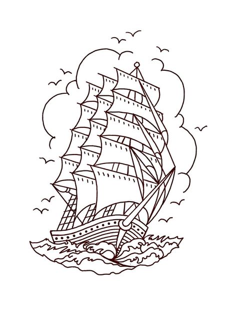 Pirate Ship Outline, Traditional Nautical Tattoo, Old School Sleeve, Traditional Ship Tattoo, Pirate Ship Tattoos, Pirate Ship Tattoo, Traditional Tattoo Drawings, Traditional Tattoo Old School, Engraving Tattoo